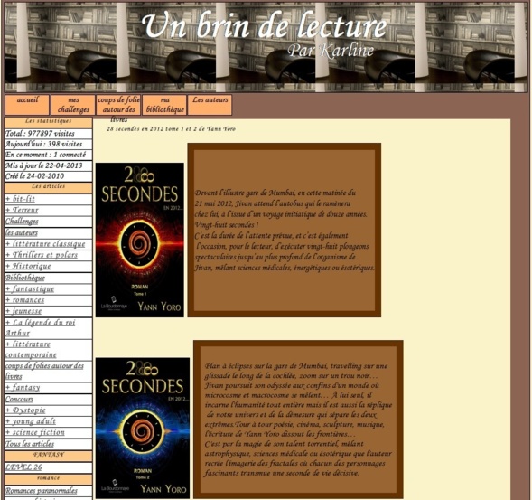 ** Chronique du Tome 1 et 2 de " 28 secondes en 2012 " par le site " Un brin de lecture " ** ** Chronique du Tome 1 et 2 de " 28 secondes en 2012 " par le site " Un brin de lecture " **